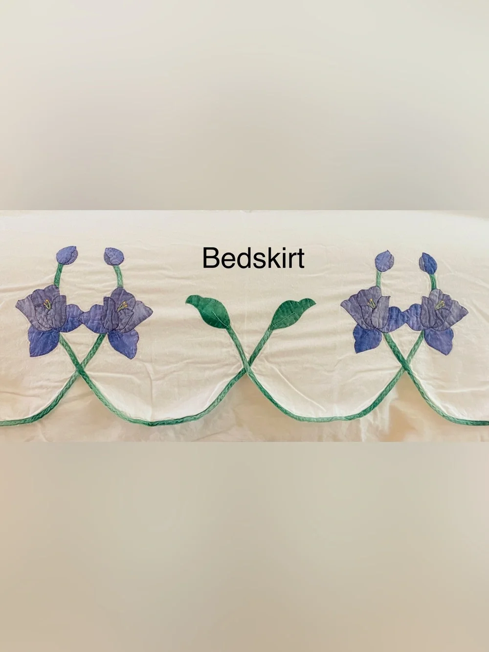 Vintage Duvet Sham Bedskirt Set Purple Iris Appliqué w Green Trellis Twin Sz